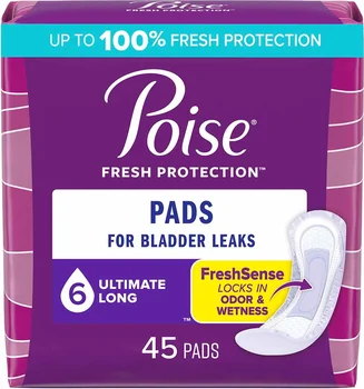 Poise Incontinence Pads & Postpartum Incontinence Pads, 6 Drop Ultimate Absorbency, Long Length, 45 Count