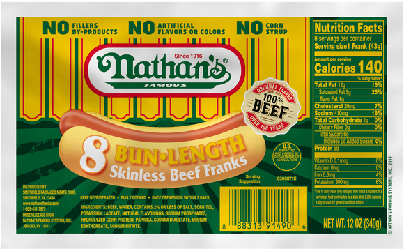 Nathan's Famous Bun Length Skinless Beef Franks - 8 ct