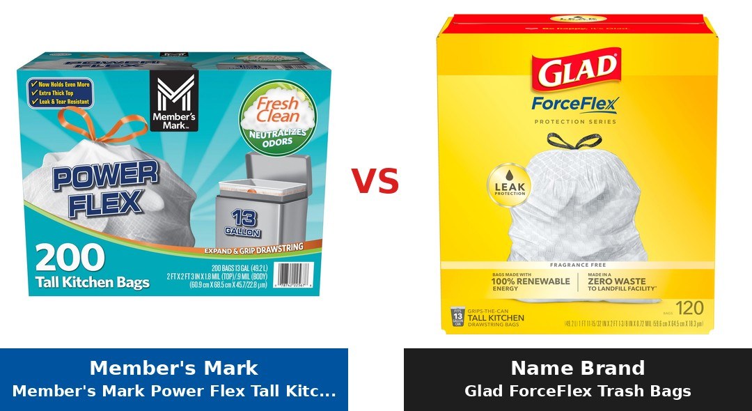 Member's Mark Power Flex Tall Kitchen Trash Bags (Member's Mark) vs Glad ForceFlex Trash Bags comparison