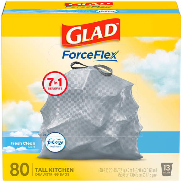 Glad ForceFlex Febreze Fresh Clean 13 Gallon Tall Kitchen Drawstring Bags