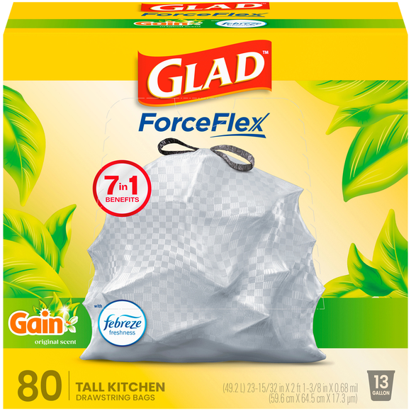 Glad ForceFlex Gain Original Tall Kitchen Drawstring Bags 13 Gallon