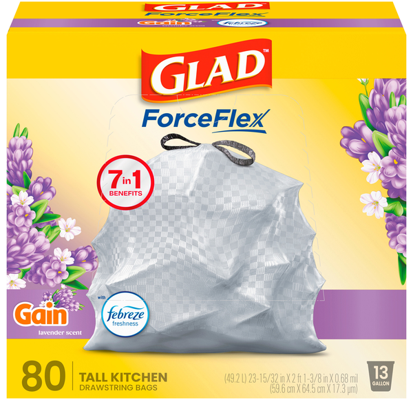 Glad ForceFlex Gain Lavender Tall Kitchen Drawstring Bags 13 Gallon