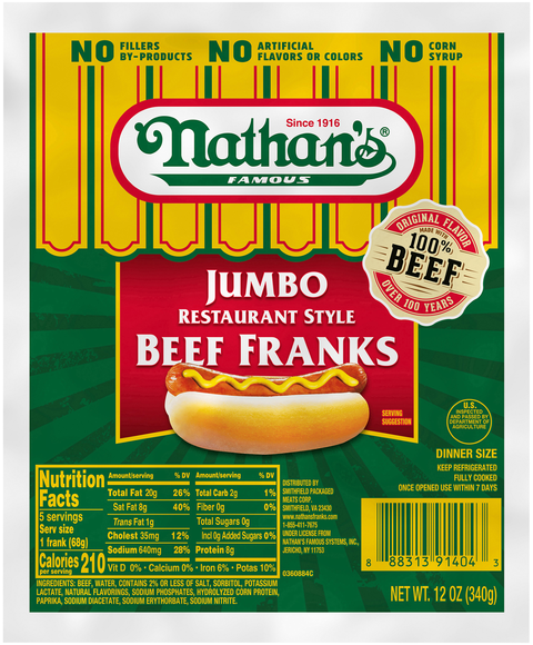 Nathan's Famous Jumbo Restaurant Style Beef Franks - 5 ct