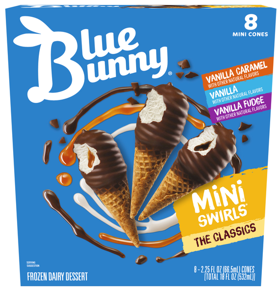 Blue Bunny Mini Swirls Cones Classics Variety Frozen Dairy Dessert - 8 ct