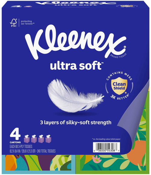 Kleenex Ultra Soft 3-Ply Facial Tissue Cube Box 60 ct ea - 4 pk