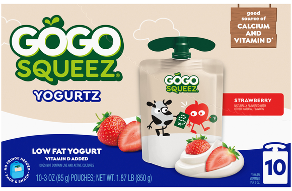 GoGo squeeZ Low Fat Strawberry Yogurtz on the Go Pouches - 10 ct