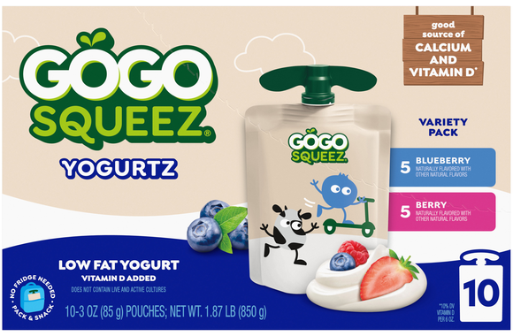 GoGo squeeZ Low Fat Blueberry & Berry Yogurtz on the Go Pouches - 10 ct