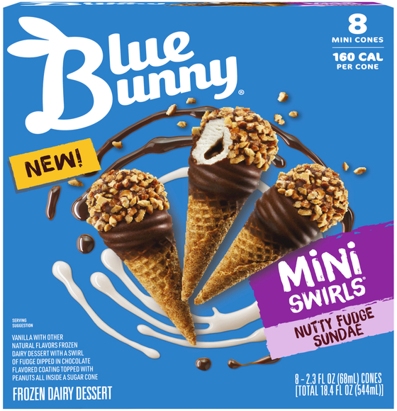 Blue Bunny Mini Swirls Cones Nutty Fudge Sundae Frozen Dessert - 8 ct