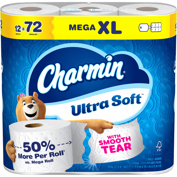 Charmin Ultra Soft Mega XL Roll 2-Ply Toilet Paper Unscented - 12 ct