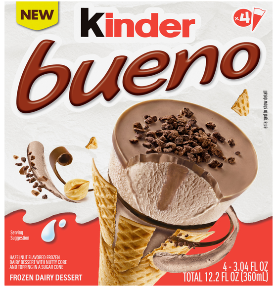 Kinder Bueno Hazelnut Flavored Frozen Dairy Dessert Cones - 4 ct