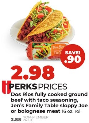 Dos Rios fully cooked ground beef with taco seasoning, Jen's Family Table sloppy Joe or bolognese meat