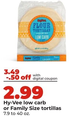 Hy-Vee low carb or Family Size tortillas