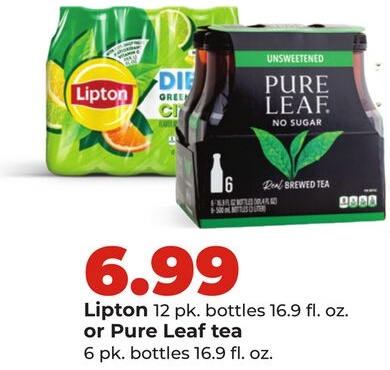 Lipton 12 pk. bottles 16.9 fl. oz. or Pure Leaf tea 6 pk. bottles 16.9 fl. oz.