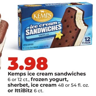 Kemps ice cream sandwiches 6 or 12 ct., frozen yogurt, sherbet, ice cream 48 or 54 fl. oz. or IttiBitz 6 ct.