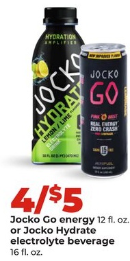 Jocko Go energy 12 fl. oz. or Jocko Hydrate electrolyte beverage 16 fl. oz.