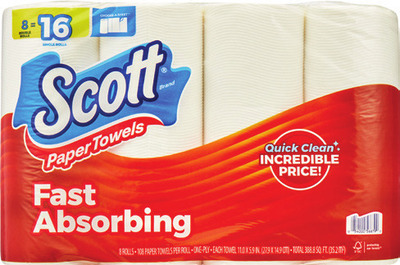 Scott bath tissue 12 rolls, Comfort Plus 18 double rolls, paper towels 8 double rolls or Viva Signature Cloth paper towels 6 double rolls.