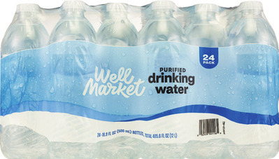 Well Market or Gold Emblem purified water 24 pk., 16.9 oz bottles.