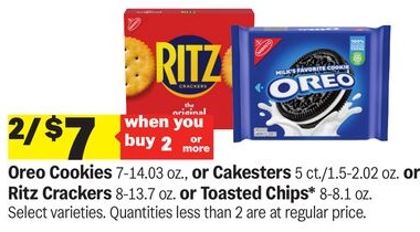 Oreo Cookies 7-14.03 oz., or Cakeresters 5 ct., or Ritz Crackers 8-13.7 oz., or Toasted Chips* 8-8.1 oz.