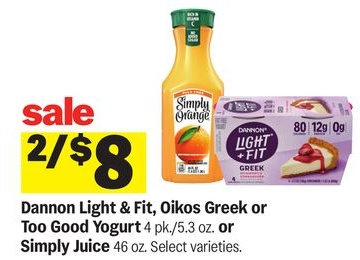 Dannon Light & Fit, Oikos Greek or Too Good Yogurt 4 pk/5.3 oz. or Simply Juice 46 oz.