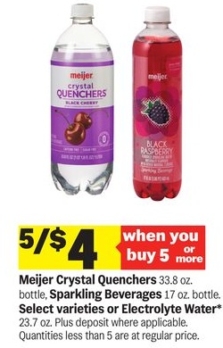 Meijer Crystal Quenchers bottle, Sparkling Beverages 17 oz bottle, Select varieties or Electrolyte Water* 23.7 oz.