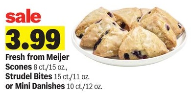 Fresh from Meijer Scones 8 ct./15 oz., Strudel Bites 15 ct./11 oz. or Mini Danishes 10 ct./12 oz.