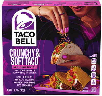 Taco Bell Dinner Kits 4 ct./8.85-22.6 oz., Flavored Shells 12 ct./4.8 oz., Queso or Dips 15-16 oz. or Taco Sauces* 7.5-12 oz.