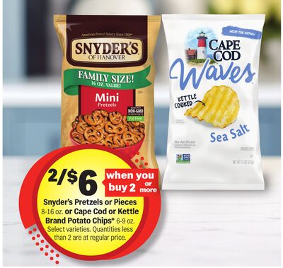 Snyder's Pretzels or Pieces 8-16 oz. or Cape Cod or Kettle Brand Potato Chips* 6-9 oz
