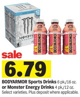 BODYARMOR Sports Drinks 6 pk./16 oz. or Monster Energy Drinks 4 pk./12 oz