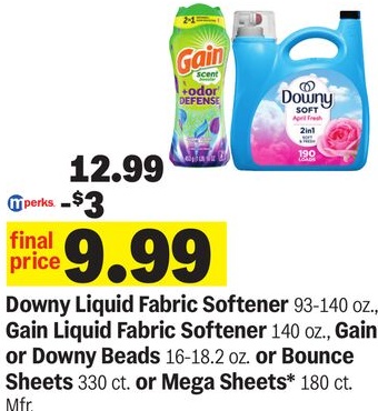 Downy Liquid Fabric Softener 93-140 oz., Gain Liquid Fabric Softener 140 oz., Gain or Downy Beads 16-18.2 oz. or Bounce Sheets 330 ct. or Mega Sheets* 180 ct.