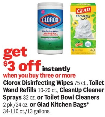 Clorox Disinfecting Wipes 75 ct., Toilet Wand Refills 10-20 ct., CleanUp Cleaner Sprays 32 oz. or Toilet Bowl Cleaners 2 pk./24 oz. or Glad Kitchen Bags* 34-110 ct./13 gallons