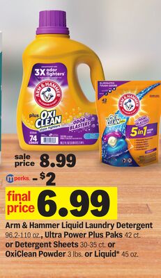 Arm & Hammer Liquid Laundry Detergent 96.2-110 oz., Ultra Power Plus Paks 42 ct. or Detergent Sheets 30-35 ct. or OxiClean Powder 3 lbs. or Liquid* 45 oz.
