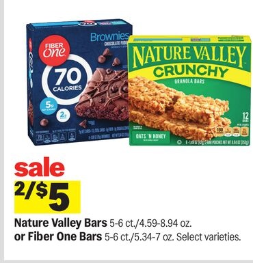 Nature Valley Bars 5-6 ct./4.59-8.94 oz. or Fiber One Bars 5-6 ct./5.34-7 oz