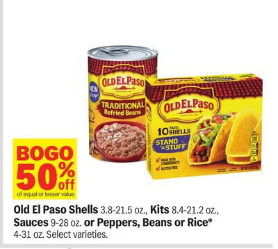 Old El Paso Shells 3.8-21.5 oz., Kits 8.4-21.2 oz., Sauces 9-28 oz. or Peppers, Beans or Rice* 4-31 oz.