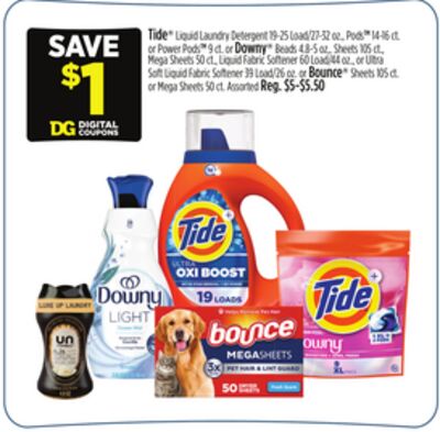 Tide® Liquid Laundry Detergent 19-25 Load/27-32 oz., PodsTM14-16 ct. or Power PodsTM9 ct. or Downy® Beads 4.8-5 oz,. Sheets 105 ct., Mega Sheets 50 ct., Liquid Fabric Softener 60 Load/44 oz., or Ultra Soft Liquid Fabric Softener 39 Load/26 oz.