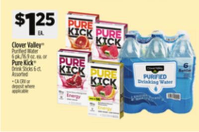 Clover Valley® Purified Water 6 pk/16.9 oz. ea. or Pure Kick® Drink Sticks 6 ct.