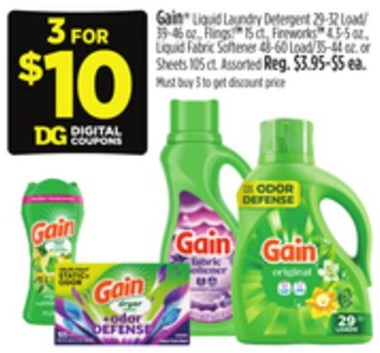 Gain® Liquid Laundry Detergent 29-32 Load/ 39-46 oz., Flings!TM 15 ct., FireworksTM 4.3-5 oz., Liquid Fabric Softener 48-60 Load/35-44 oz. or Sheets 105 ct.