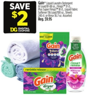 Gain™ Liquid Laundry Detergent 61 Load/81-88 oz., Flings™ 37 ct., Plus Super Flings® 240 load/100 oz., Sheet