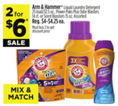Arm & Hammer® Liquid Laundry Detergent 25 load/32.5 oz., Power Paks Plus Odor Blasters 14 ct. or Scent Boosters 15 oz. Assorted