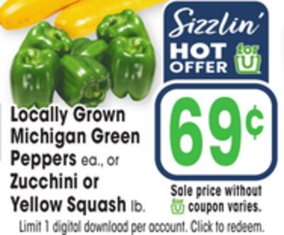 Locally Grown Michigan Green Peppers ea., Zucchini or Yellow Squash lb.