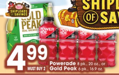 Powerade 8pk., 20 oz., or Gold Peak 6pk., 16.9 oz.