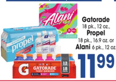 Gatorade 18 pk., 12 oz., Propel 18 pk., 16.9 oz. or Alani 6 pk., 12 oz.