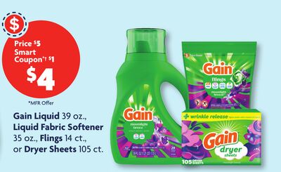 Gain Liquid 39 oz., Liquid Fabric Softener 35 oz., Flings 14 ct., or Dryer Sheets 105 ct.
