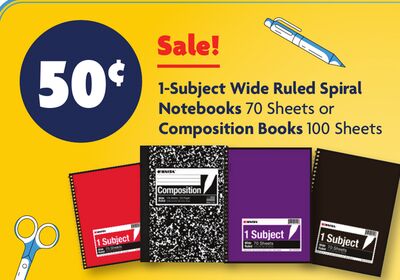 1-Subject Wide Ruled Spiral Notebooks 70 Sheets or Composition Books 100 Sheets