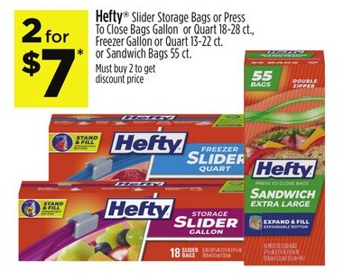 Hefty® Slider Storage Bags or Press To Close Bags Gallon or Quart 18-28 ct., Freezer Gallon or Quart 13-22 ct. or Sandwich Bags 55 ct