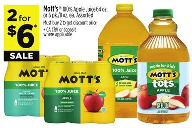Mott's® 100% Apple Juice 64 oz. 100% Apple Juice 64 oz. or 6 pk./8 oz. ea.