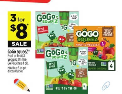 GoGo squeeZ Fruit or Fruit & Veggie On The Go Pouches