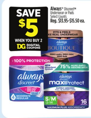 Always® Discreet™ Underwear or Pads Select Counts