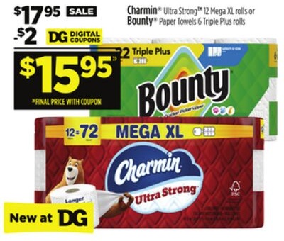Charmin Ultra Strong 12 Mega XL rolls or Bounty Paper Towels 6 Triple Plus rolls