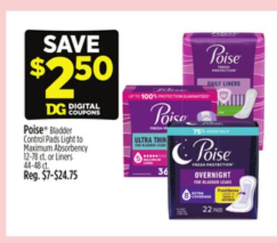 Poise® Bladder Control Pads Light to Maximum Absorbency 12-78 ct. or Liners 44-48 ct.