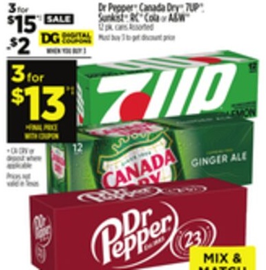 Dr Pepper®, Canada Dry®, 7UP®, Sunkist®, RC® Cola or A&W®